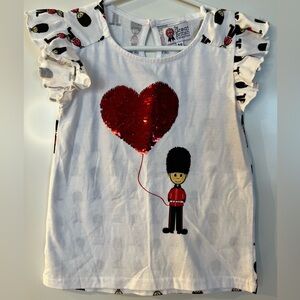 Girls 🇬🇧 London Guard Sequin Heart Top | Size 5-6 | Cute Ruffle Sleeves